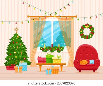 Winter holiday room interior in flat style. Tree, soft armchair, gifts and decor. Vector illustration for winter season greeting, invitation, advertising, poster, card, banner, print, template