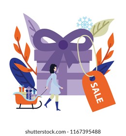Winter or holiday sale banner with big wrapped violet present box with bow and discount label and young woman with pile of gifts in sleigh in isolated flat vector illustration.