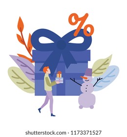 Winter or holiday sale banner with big wrapped present box with bow and discount sign and young man walking with gifts in hands isolated on white background in flat vector illustration.