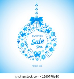 Winter holiday sale. Festive wreath on a chain. Emblem, poster, banner. Message with snowflakes, gifts and sweets. Light background.