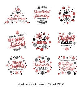 Winter holiday sale labels vector poster in purple and black colors. Hot winter prices clearance sale. Besr Valentines day sale. Decorated tags with writings showing discounts during winter holidays.