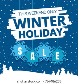 Winter holiday sale promo ads. Flat paper snowflake tag with long shadow and winter forest on the cyan background. Web banner for e-commerce, on-line shop, fashion & beauty shop, store. Vector stock