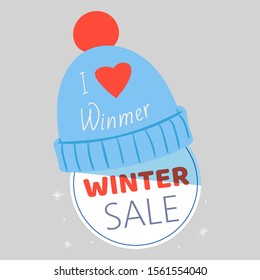 Winter holiday sale vector illustration. Knitted cap or hat with love heart icon and winter sale inscription. Warm headwear item, winter cloth thick woolen headdress cap and discount concept.