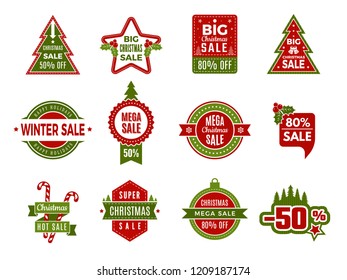 Winter holiday sales. Christmas badges or labels retail discount deals holidays special offers of new year vector template. Christmas discount badge, sale offer to holiday xmas illustration