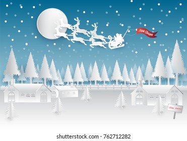 Winter holiday Santa and snow Christmas season paper art, paper cut style illustration.