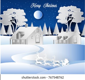 Winter holiday Santa and snow Christmas season paper art, paper cut style illustration.Landscape house in winter season with full moon.paper art style