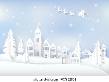 Winter holiday Santa and snow in city town background. Christmas season paper art style illustration.