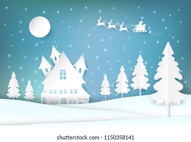 Winter holiday Santa and snowy Christmas season paper art, paper craft style illustration background