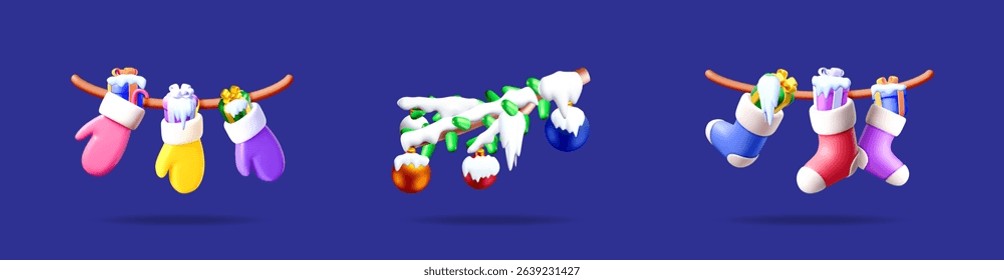Winter holiday scene with 3d glowing christmas tree branches, colorful mittens, and festive stocking. New Year season celebration.
