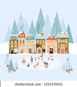 Winter holiday scene with girls and animals skating on ice rink. Vector christmas illustration with cityscape in the background, animals, presents