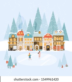 Winter holiday scene with girls skating on ice rink. Vector christmas illustration with cityscape in the background