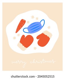 Winter holiday scene. Mittens, carrot and face mask. Christmas greeting card. Simple vector drowings.