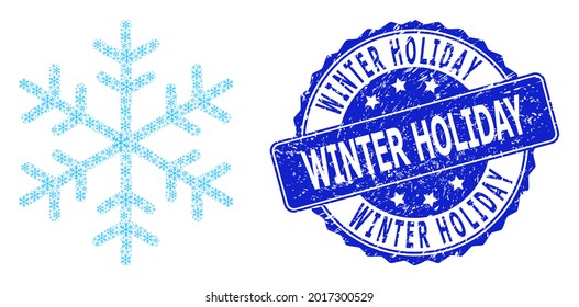 Sello de sello redondo de invierno y copo de nieve de mosaico recursivo vectorial. La marca azul contiene el título de vacaciones de invierno dentro de la forma redonda.