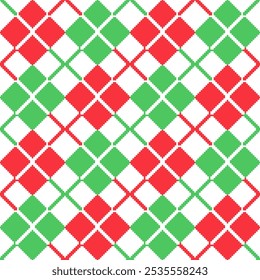 Feriado de inverno padrão de argila sem costura. Fundo de Natal vermelho, verde e branco. Diamante rhombus xadrez textura repetida. Vetor xadrez losenge impressão para tecido, papel de parede, fundos, envoltório