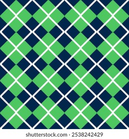 Winter holiday seamless argyle pattern. Green, white and blue Christmas background. Diamond rhombus plaid repeat texture. Vector checkered lozenge print for fabric, wallpaper, backgrounds, wrapping