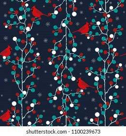 Winter holiday seamless background with stylized holly berries and cardinal birds