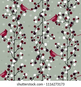 Winter holiday seamless background with stylized holly berries and cardinal birds