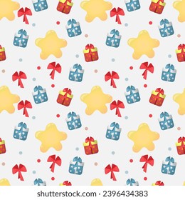 Winter holiday seamless background for wrapping, fabric, textile, surface, web design and print. Vector pattern with stars, bows and gifts.