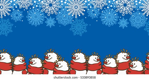 Winter Holiday Seamless border wits snowman in a red scarf and white snowflakes on blue background. Eps-8