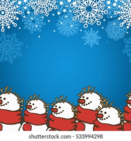 Winter Holiday Seamless border wits snowman in a red scarf and white snowflakes on blue background. Eps-8 vector