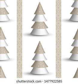 Winter Holiday seamless cartoon pattern. Christmas spruce fir tree realistic illustration isolated on white background. Merry Christmas and New year Vector. Template design for invitation, card. 