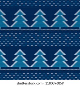 Winter Holiday Seamless Knit Pattern with Christmas Trees. Vector Seamless Background with Shades of Blue Colors. Wool Knit Texture Imitation