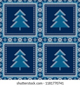 Winter Holiday Seamless Knit Pattern with Christmas Trees. Vector Seamless Background with Shades of Blue Colors. Wool Knit Texture Imitation
