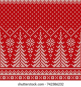 Winter Holiday Seamless Knit Pattern with a Christmas Trees and Snowflakes. Knitting Sweater Design. Wool Knitted Texture Imitation