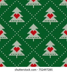 Winter Holiday Seamless Knit Pattern with Christmas Trees and Hearts. Scheme for Knitted Sweater Pattern Design or Cross Stitch Embroidery