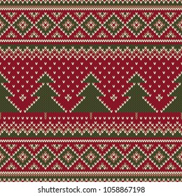 Patrón de punto inoxidable en invierno con árboles de Navidad. Diseño de suéter de punto. Textura del juego de lana