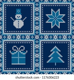 Winter Holiday Seamless Knitted Pattern with a Snowman, Snowflake, Present Box and Christmas Tree. Wool Knitting Sweater Design