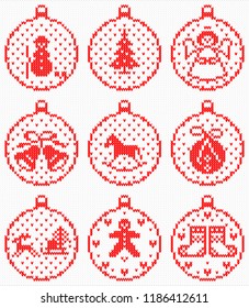 Winter holiday seamless  knitted pattern with christmas decorations. Winter background. Vector Illustration. Wool knitted texture.