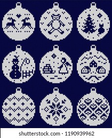 Winter holiday seamless  knitted pattern with christmas decorations. Winter background. Vector Illustration. Wool knitted texture.