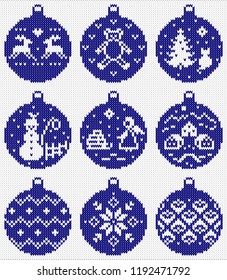 Winter holiday seamless  knitted pattern with christmas decorations. Winter background. Vector Illustration. Wool knitted texture.