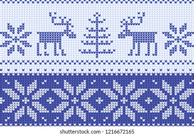 Winter Holiday Seamless Knitted Pattern with a Christmas Trees and Elks. Knitting Sweater Design. Wool Knitted Texture