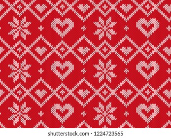 Winter Holiday seamless knitted pattern. Vector background for Merry Christmas and Happy New Yeary. Wool knitting sweater design with heart and snowflake. Illustration.