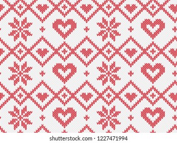 Winter Holiday nahtloses Strickmuster. Vektorhintergrund für Frohe Weihnachten und Frohes neues Jahr. Strickpullover aus Wolle mit Herz und Schneeflocke. Illustration