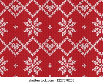 Winter Holiday seamless knitted pattern. Vector background for Merry Christmas and Happy New Yeary. Wool knitting sweater design with heart and snowflake. Illustration.