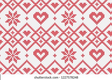 Winter Holiday seamless knitted pattern. Vector background for Merry Christmas and Happy New Yeary. Wool knitting sweater design with heart and snowflake. Illustration.