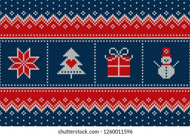 Winter Holiday Seamless Knitted Pattern with a Christmas Symbols: Snowflake, Christmas Tree, Present Box and Snowman. Wool Knitting Sweater Design - Vector