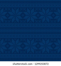 Winter Holiday Seamless Knitted Pattern with Snowflakes. Christmas and New Year Design Background. Knitting Sweater Design