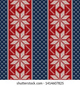 Winter Holiday Seamless Knitted Pattern with Snowflakes. Christmas and New Year Design Background. Knitting Sweater Design