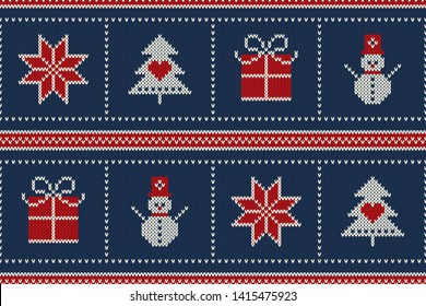 Winter Holiday Seamless Knitted Pattern with a Christmas Symbols: Snowflake, Christmas Tree, Present Box and Snowman. Wool Knitting Sweater Design