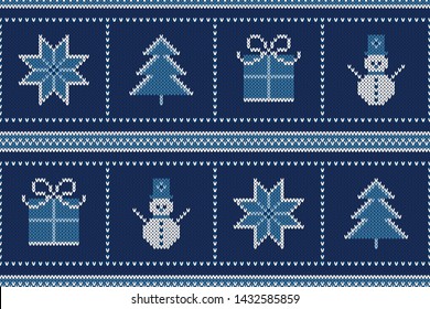 Winter Holiday Seamless Knitted Pattern with a Snowman, Snowflake, Present Box and Christmas Tree. Wool Knitting Sweater Design