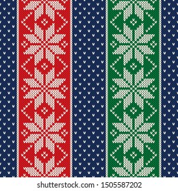 Winter Holiday Seamless Knitted Pattern with Snowflakes. Traditional Christmas and New Year Design Background. Knitting Sweater Design
