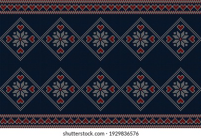 Winter Holiday Seamless Knitted Pattern with Snowflakes. Christmas and New Year Design Background. Traditional Knitting Sweater Design