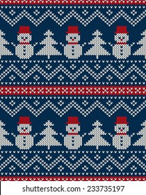 Winter Holiday Seamless Knitted Pattern with Snowman and Christmas Tree. Festive Sweater Design