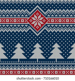 Winter Holiday Seamless Knitted Pattern with a Christmas Trees. Knitting Sweater Design. Wool Knitted Texture