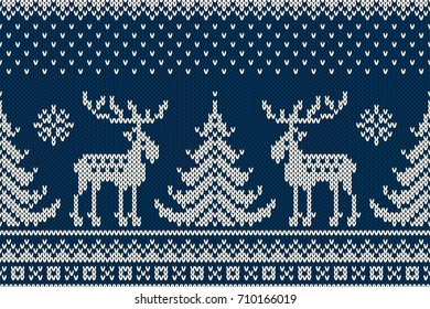 Winter Holiday Seamless Knitted Pattern with a Christmas Trees and Elks. Knitting Sweater Design. Wool Knitted Texture