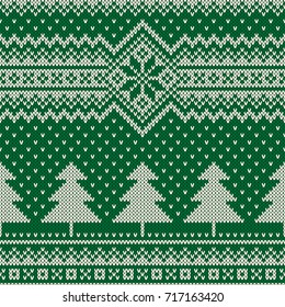 Winter Holiday Seamless Knitted Pattern with a Christmas Trees. Knitting Sweater Design. Wool Knitted Texture